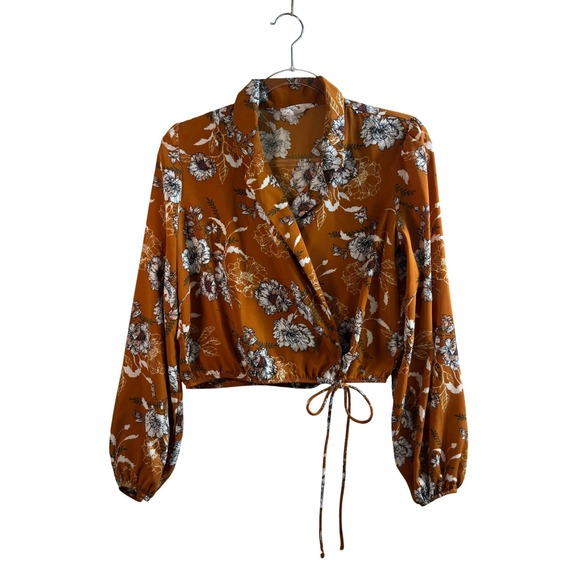 Sadie & Love Tops - Sadie & Love Floral Wrap Top Small Mustard Orange Long Sleeve Boho Crop Blouse S